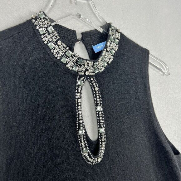 White Warren Cashmere Sweater Top Size Large Black Rhinestone Neckline Keyhole - Picture 4 of 10